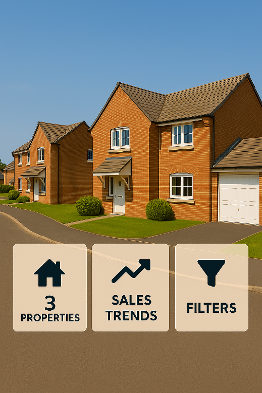 Row of houses with icons labeled '3 Properties', 'Sales Trends', and 'Filters' on a brown background.