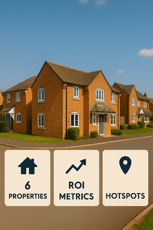 Row of brick houses with icons and text overlay on a road.