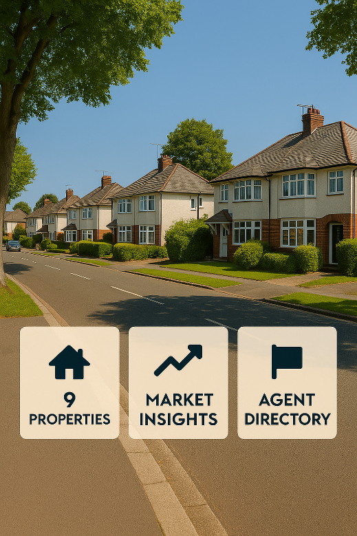 Neighborhood street with houses and icons for properties, market insights, and agent directory.