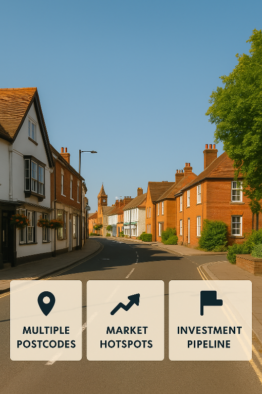Town street with houses and clear blue sky, featuring icons and text about postcodes, market hotspots, and investment pipeline.