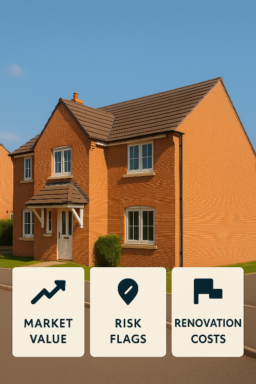Brick house with market value, risk flags, and renovation costs icons on a blue sky background